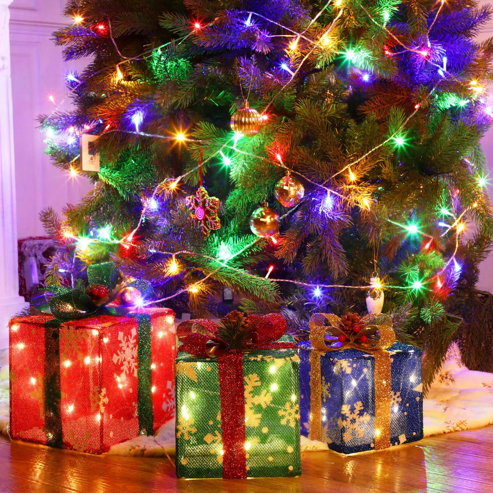 3 Pcs Christmas Lighted Decor Gift Boxes Outdoor Light up with Ribbon Bows and 66ft 200 LED String Lights Christmas Tree Xmas Indoor Decorations (Red, Green, Blue,6.3/7.5/8.7 Inch)