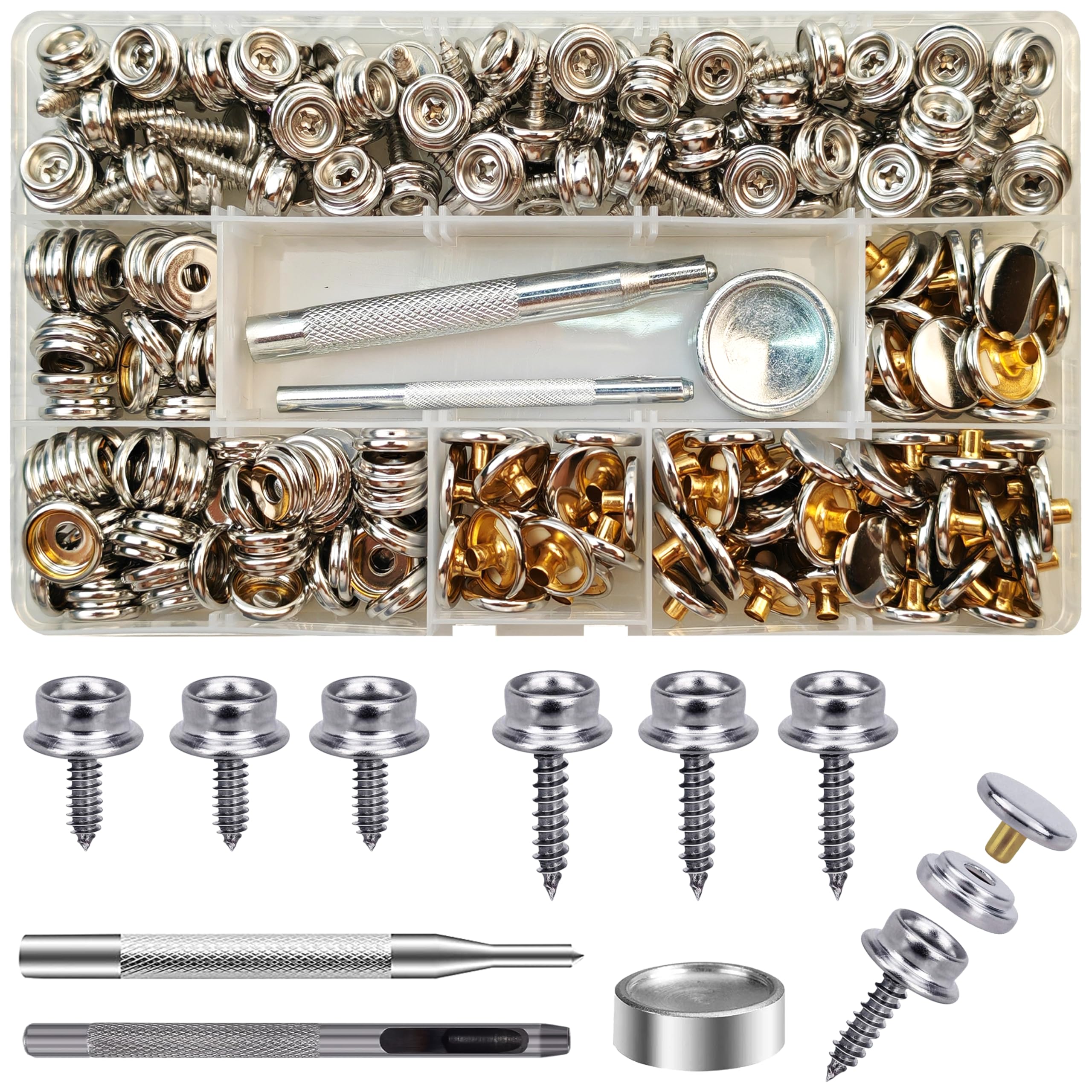 Set of 70 Press Studs for Screwing 15 mm/10 mm Stainless Steel Push Button Screwable with Fixing Tool Kit for Tarpaulins, Ships, Furniture, Canvas, Car Tents (Silver, 15 mm/10