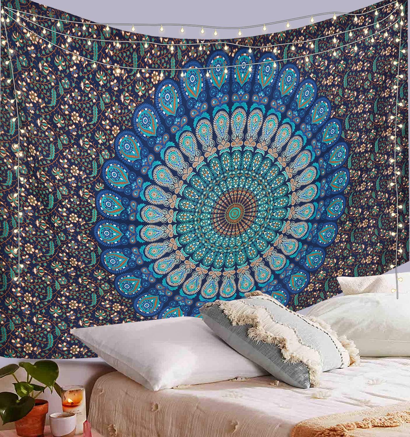 Blue Green Wall Hanging Bohemian Psychedelic Peacock Tapestry, Psychedelic Hippie Mandala Dorm Décor for Hanging, Bedding, Beach Coverlet Curtain (Blue Green, 55"X85")