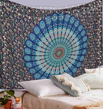 ANJANIYA Indian hippie Bohemian Psychedelic Wall Hanging Bohemian Psychedelic Peacock Tapestry, Psychedelic Hippie Mandala Dorm Decor for Hanging, Bedding, Beach Coverlet Curtain Blue Green, 30"X40"