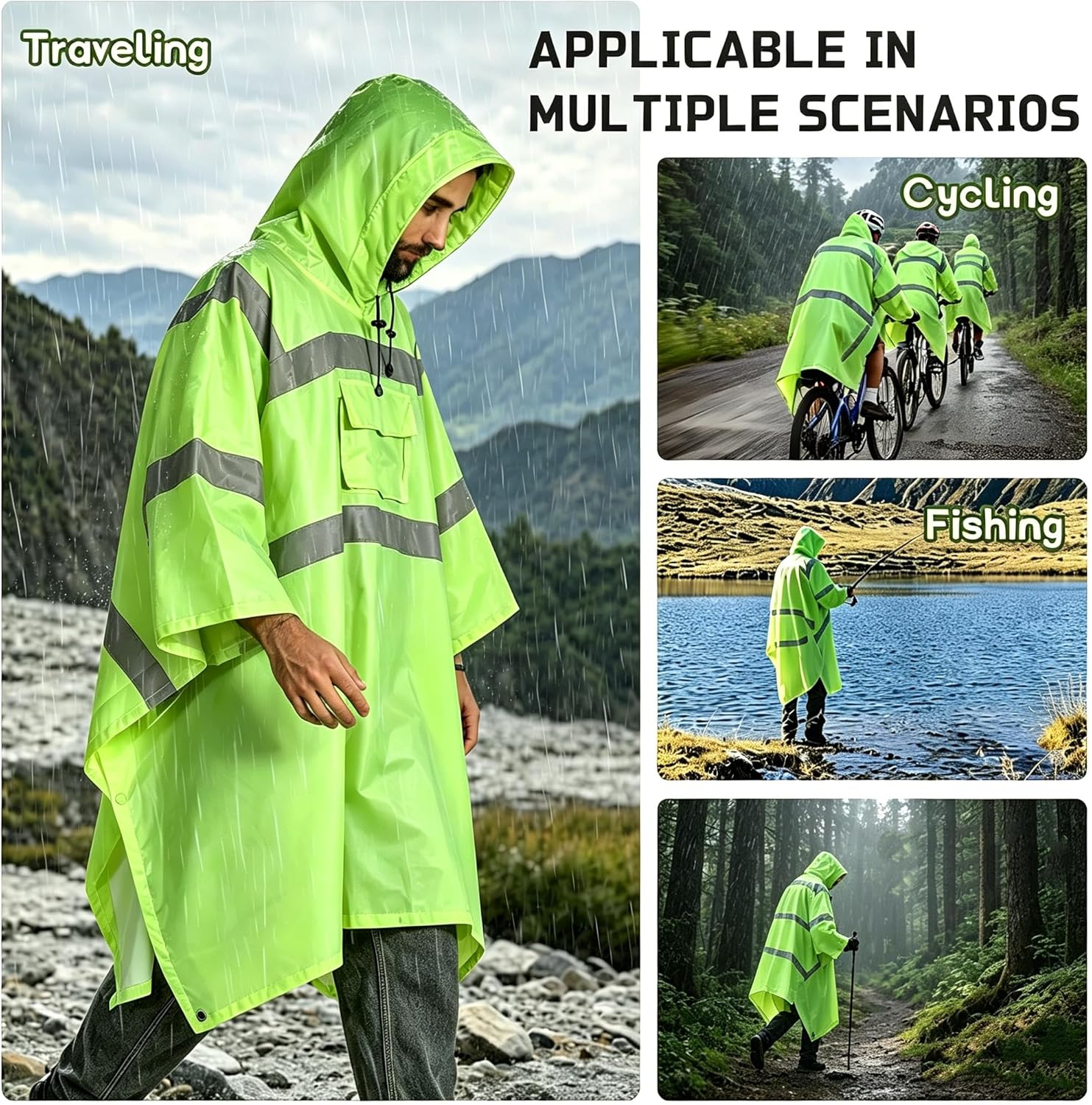 Rain Poncho - High Visibility, Reflective, Wind and Waterproof with Drawstring Hood, Rain Gear for Construction, Fishing,Cycling,Camping,Hiking, One Size