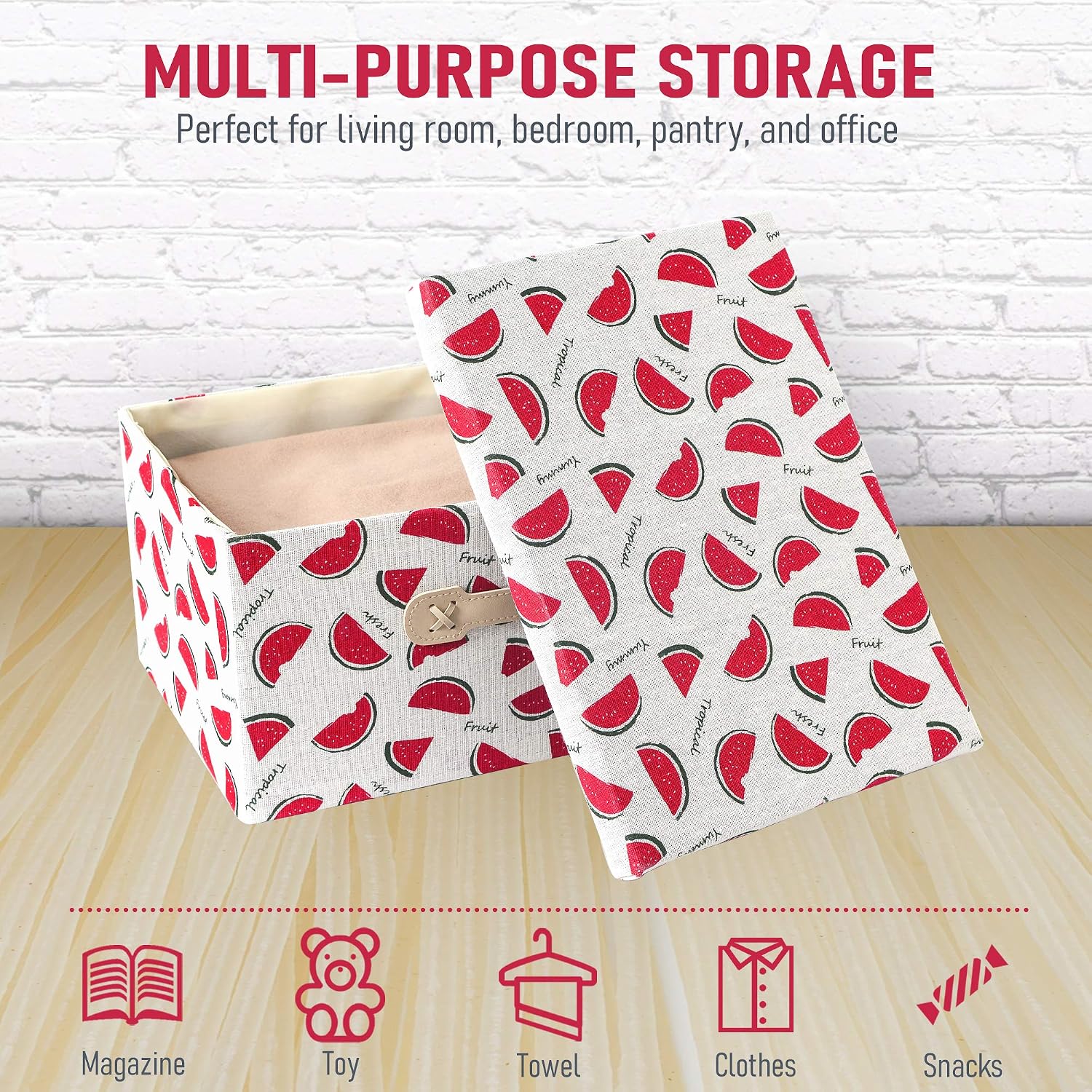 Enzk&Unity Cute Decorative Storage Baskets with Lids for Toys, Pets, Kids, Nursery, Playroom, Shelf, Clothes, Living Room, Bedroom, Foldable and Stackable Cotton Organizers, Set of 2, Watermelon
