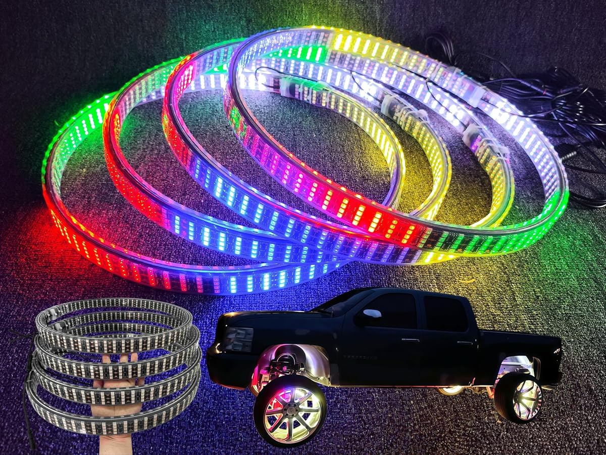4PCS 17.5" Double-Sided Quad Row RGB Dream Color Chasing LED Wheel Lights | RGB Dream Color Chasing Rim Lights,App & Remote Control, IP68 Waterproof, For Trucks Car SUV Pickup Off-Road