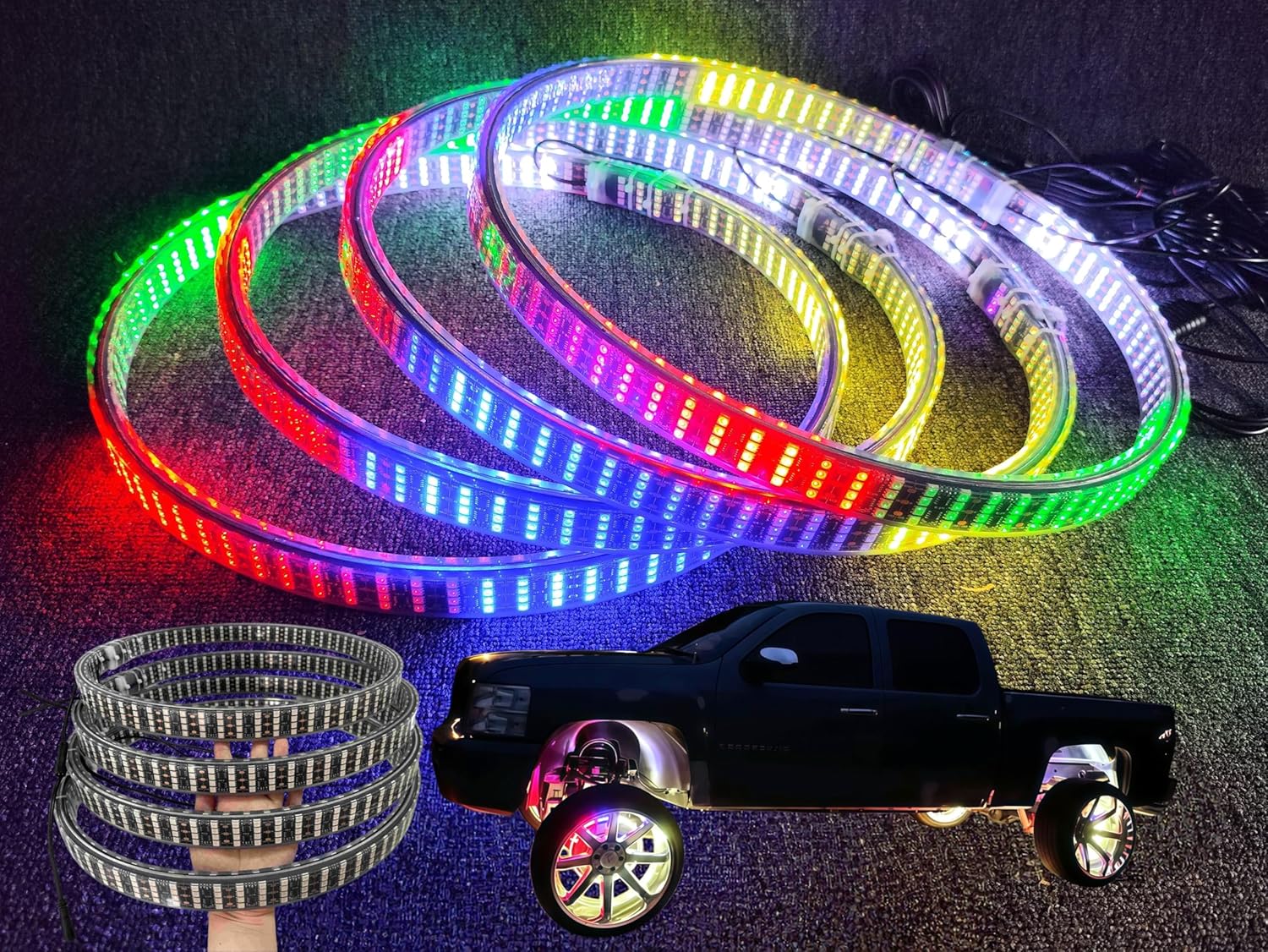 8Rolls 4PCS 17.5" Double-Sided Quad Row LED Wheel Lights, RGB Dream Color Chasing Rim Lights with App & Remote Control, IP68 Waterproof Heavy Duty Glow Kit for Trucks & SUVs