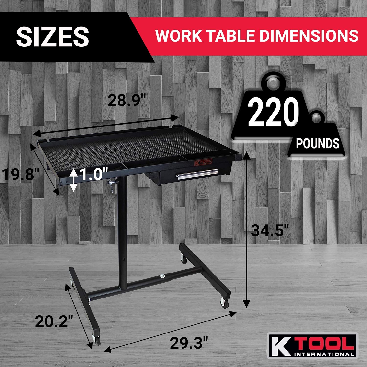 K Tool International Heavy Duty Tear Down Tray and Work Table with Drawer, Portable and Adjustable, 220 Pound Capacity, Rubber Corners, Black; KTI79702
