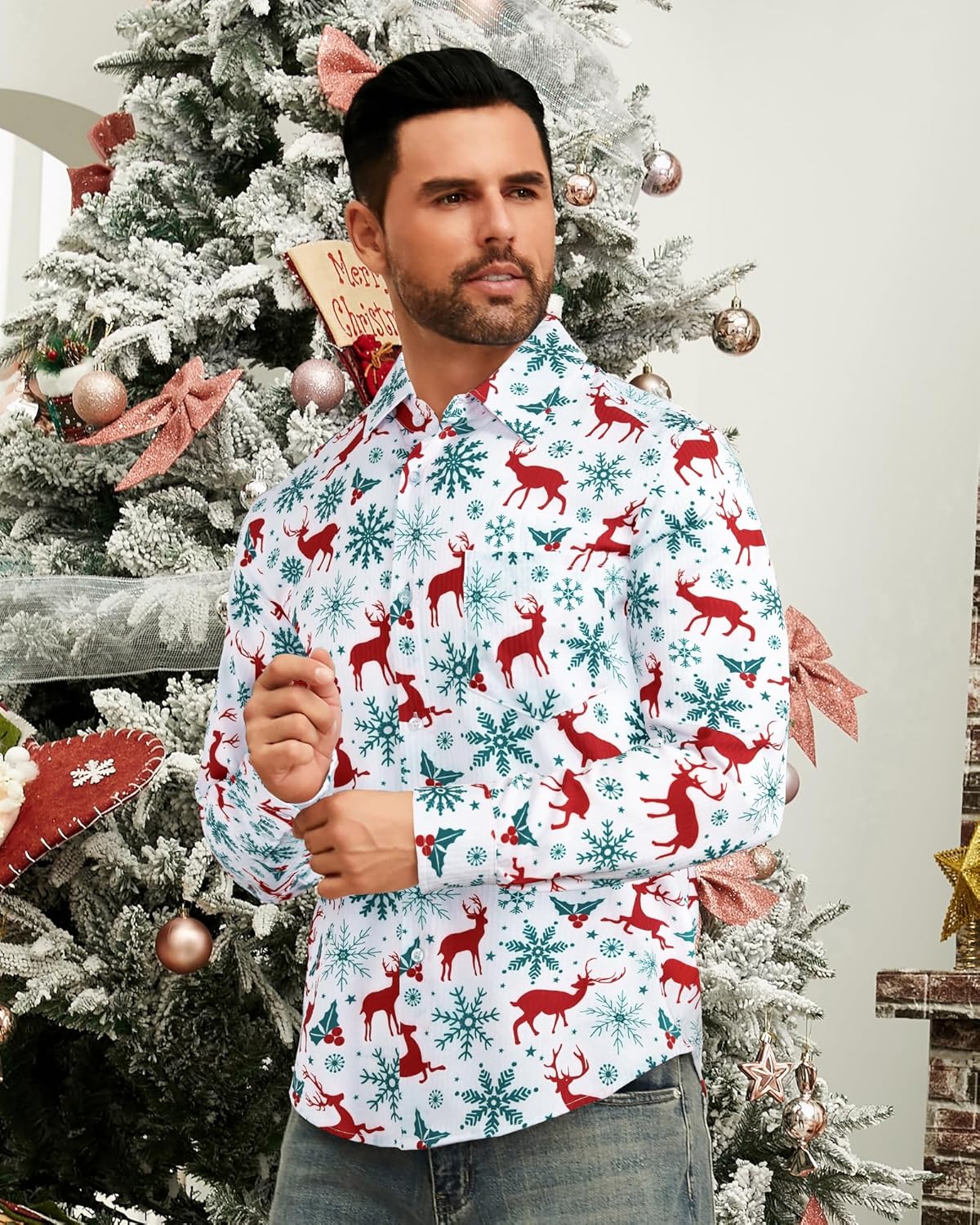 BOJIN Men's Dress Wrinkle-Free Floral Hawaiian Long Sleeve Flower Printed Casual Button Down Shirts with Pocket - Image 2