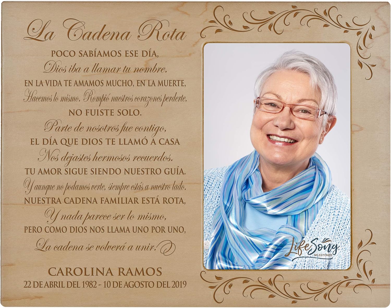 LifeSong Milestones Personalized Wooden Picture Frame for Loss of Loved One Holds 4x6 Photo Engraved Funeral Keepsake Spanish The Broken Chain Poem Engraved Loss of Loved One Photo Frame (Ivory)