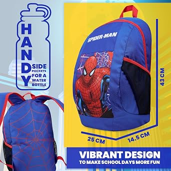 Marvel Spiderman Kids Backpack with Water Bottle Pocket, Large Capacity School Rucksack - Boys Gifts