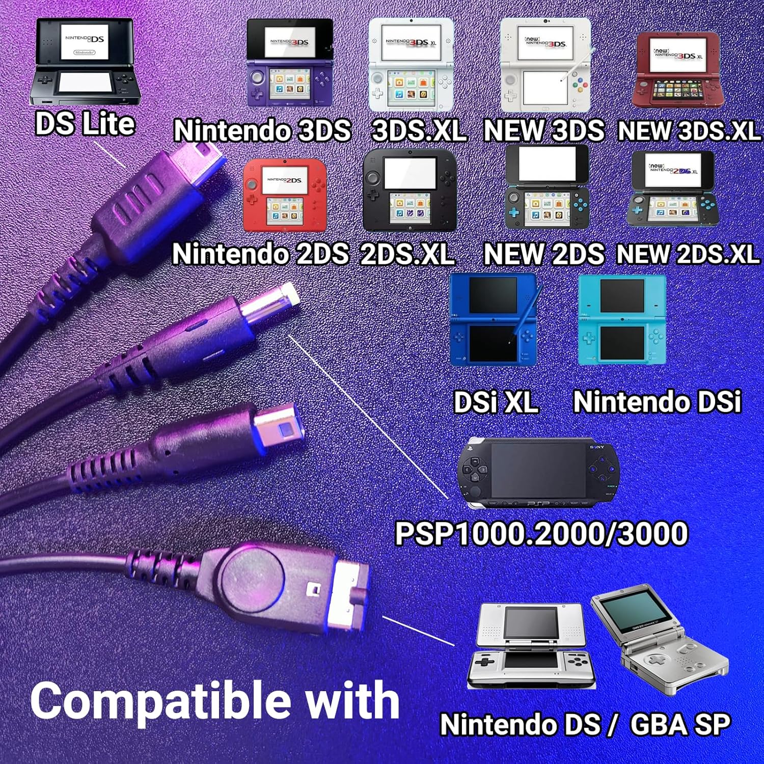 4-in-1 USB Charger Cable for Nintendo DS Lite/New 3DS (XL), 3DS, 2DS, DSi, NDS/Gameboy Advance SP, PSP 1000 2000 3000, Multi-Functional USB Charging Cord, Black, 3.3ft - Image 2