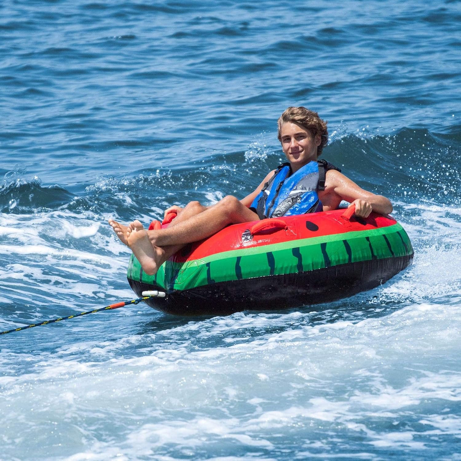 Solstice 48 Inch Round Inflatable Watermelon Lake and Ocean Water Wave Single Rider Towable Floating Inner Tube Lounger with Built-in Handles