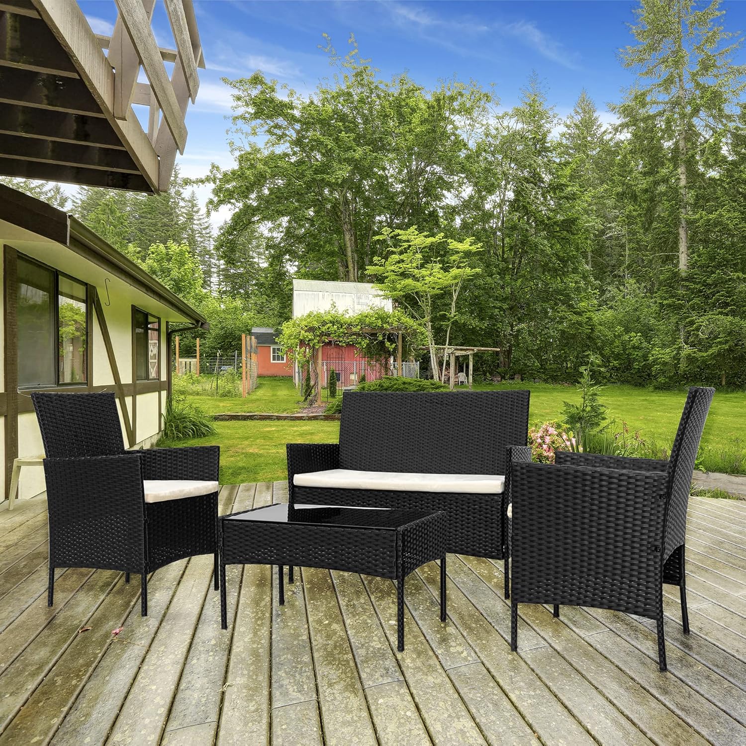 Skyfish 4-Piece Patio Conversation Set Outdoor Furniture with Cushion, Rattan Wicker Chairs, one Sofa and a Coffee Table with Tempered Glass Top Use for Backyard Porch Garden Poolside Balcony (Black)