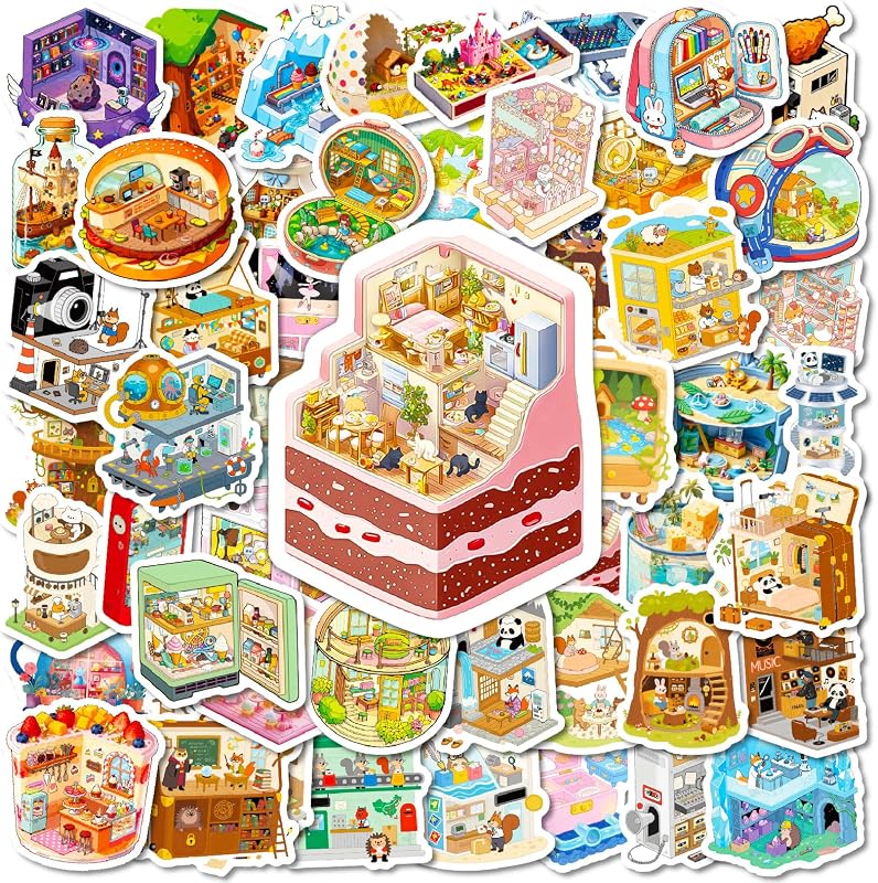 Anboor Stickers for Water Bottles, 56PCS 3D Miniature Scene Sticker, Waterproof Vinyl Room House Stickers for Laptop Luggage Skateboard Teens Adults
