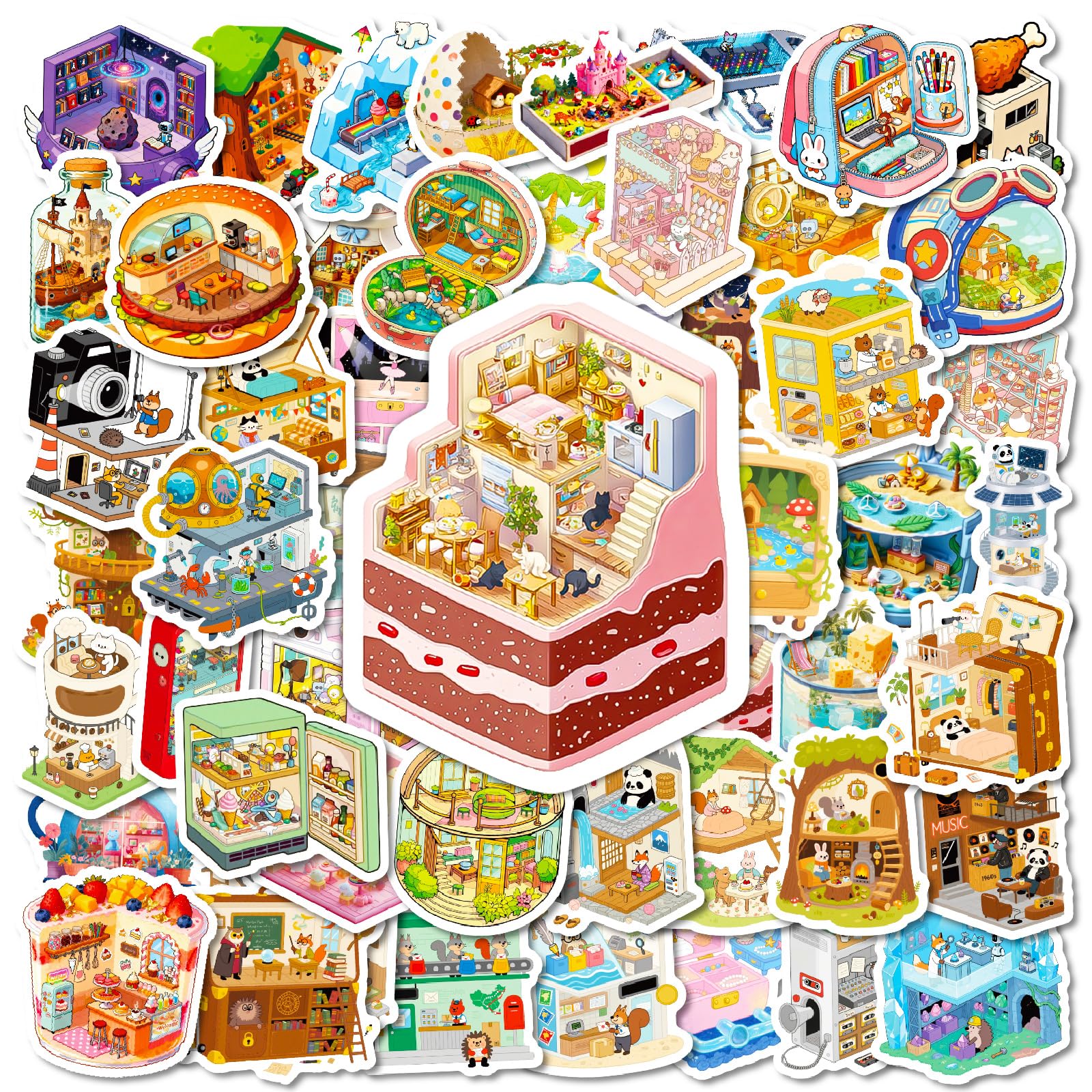 Anboor Stickers for Water Bottles, 56PCS 3D Miniature Scene Sticker, Waterproof Vinyl Room House Stickers for Laptop Luggage Skateboard Teens Adults