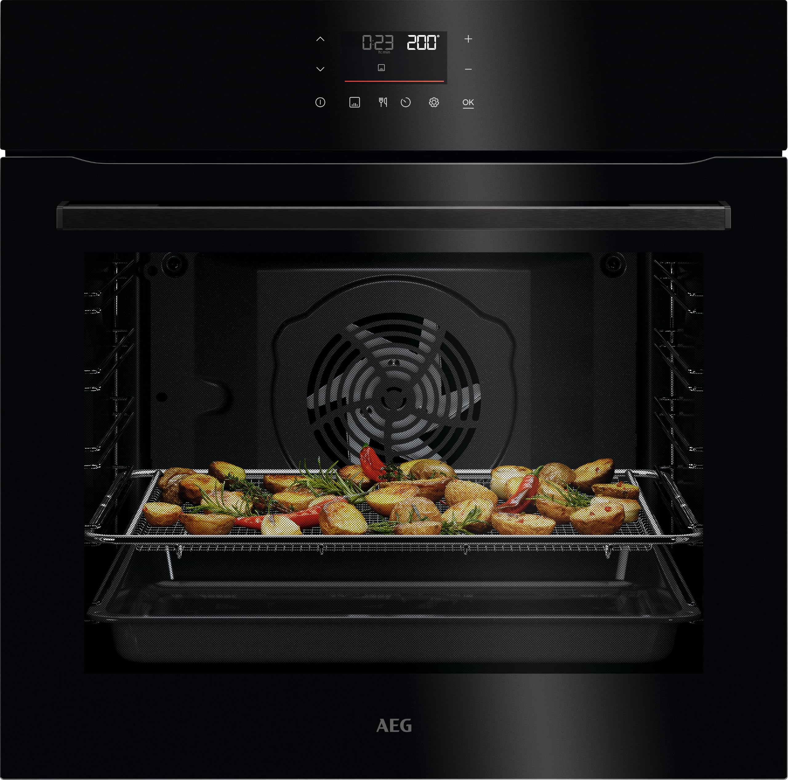 AEG 5000 Series Integrated Built-In Oven OU5PB40PK, 72 L Capacity, SurroundCook Multilevel Cooking, Pyrolytic Self-Cleaning, EXPlore+ Touch LED Display, 30–300°C, 594x596x569mm, Class A++, Black