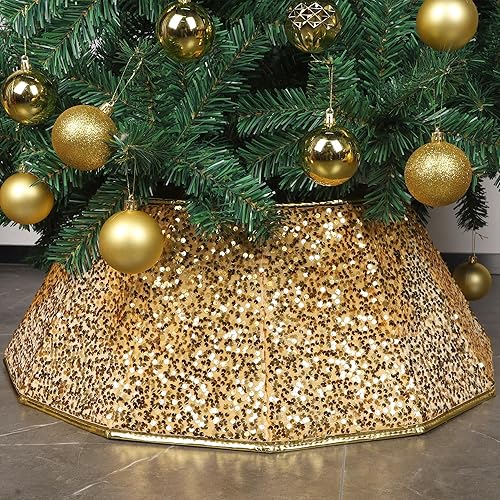Blissun Collar de árbol de Navidad, falda de árbol de Navidad con lentejuelas, anillo plegable para árbol de Navidad, cubierta de base para árbol de