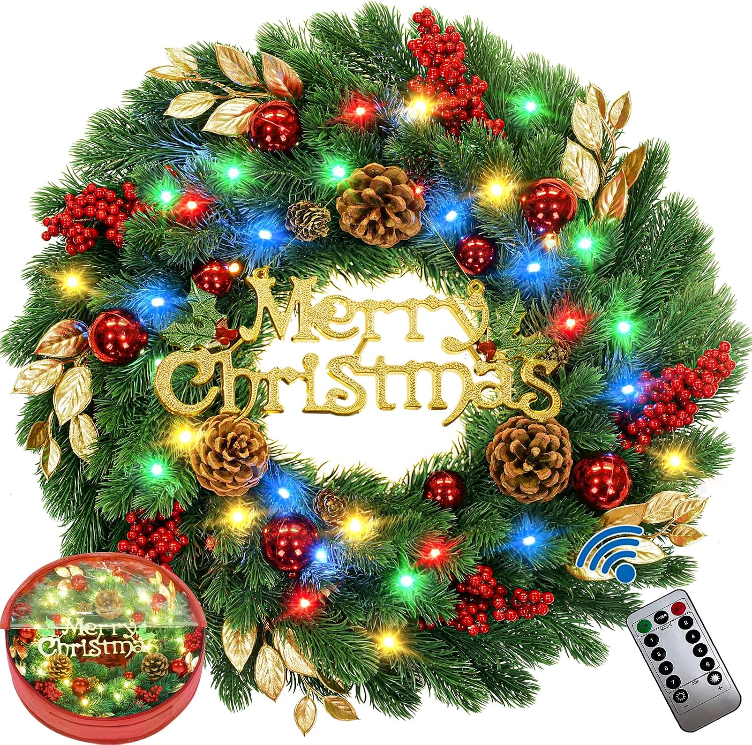 18 Inch Pre-Lit Artificial Christmas Wreath with Lights,Lighted Christmas Wreaths for Front Door with 40 LED Battery Operated 8 Modes Remote Control Timer,Indoor Outdoor Xmas Wreath Decorations