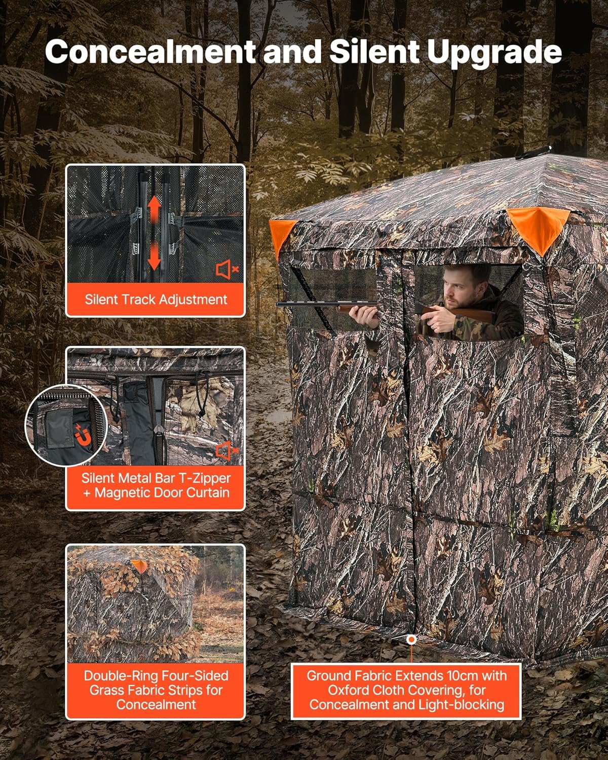 VEVOR Hunting Blind，See Through Ground Blinds with Carrying Bag, 360 Degree Portable Camouflage Tent，Durable Concealed Shelter with Silent Side Door and Window, for Turkey and Deer