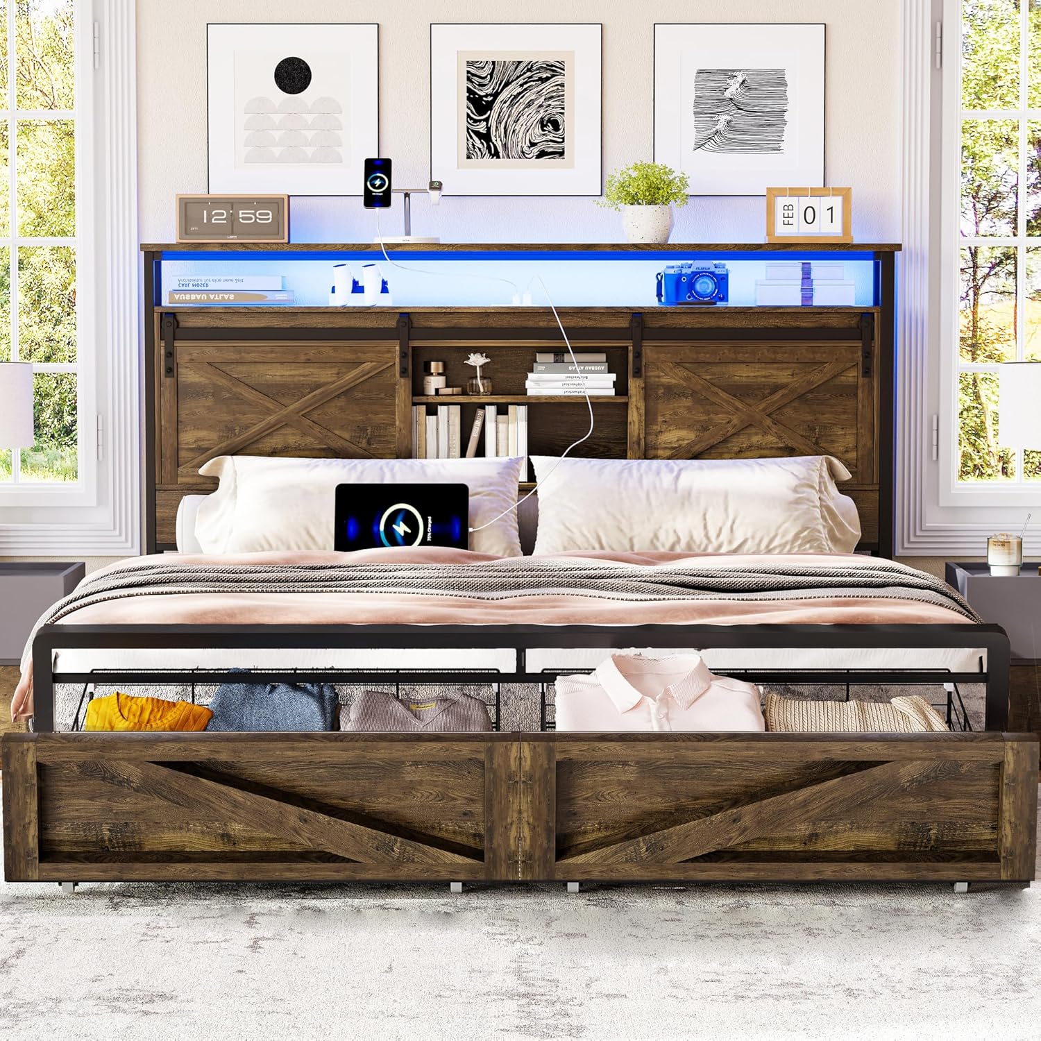 Farmhouse Queen Bed Frame with High Storage Bookcase Headboard, Storage Wood Queen Bed with Sliding Barn Door&Charging Station Headboard,Led Platform Queen Size Bed with Storage,Rustic Brown