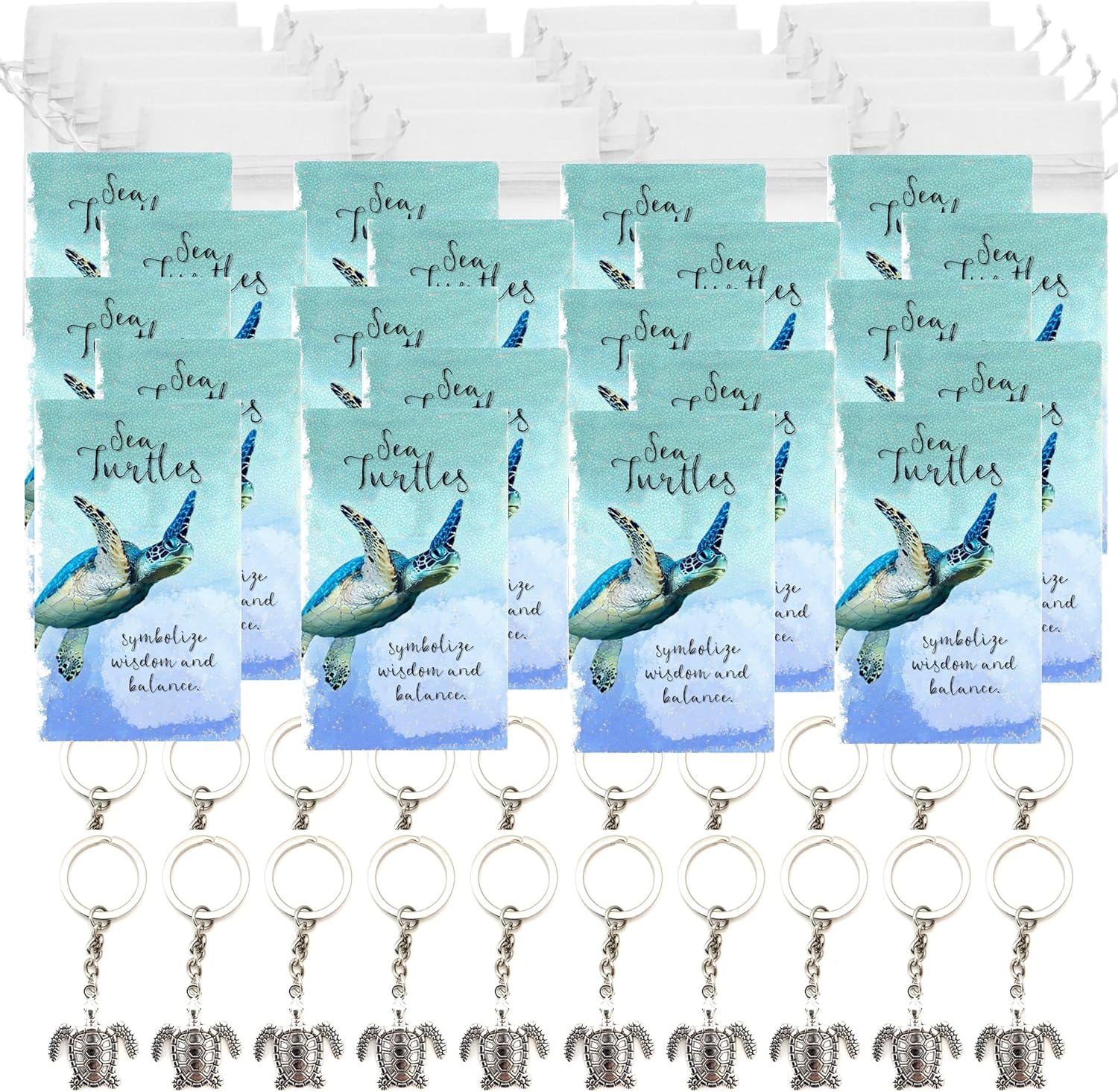 Smiling Wisdom | 20 Bulk Employee Staff Gifts | Mini Appreciation Greeting Cards and Turtle Keychain Gift Sets | 60 Pcs | Silver Sea Turtle