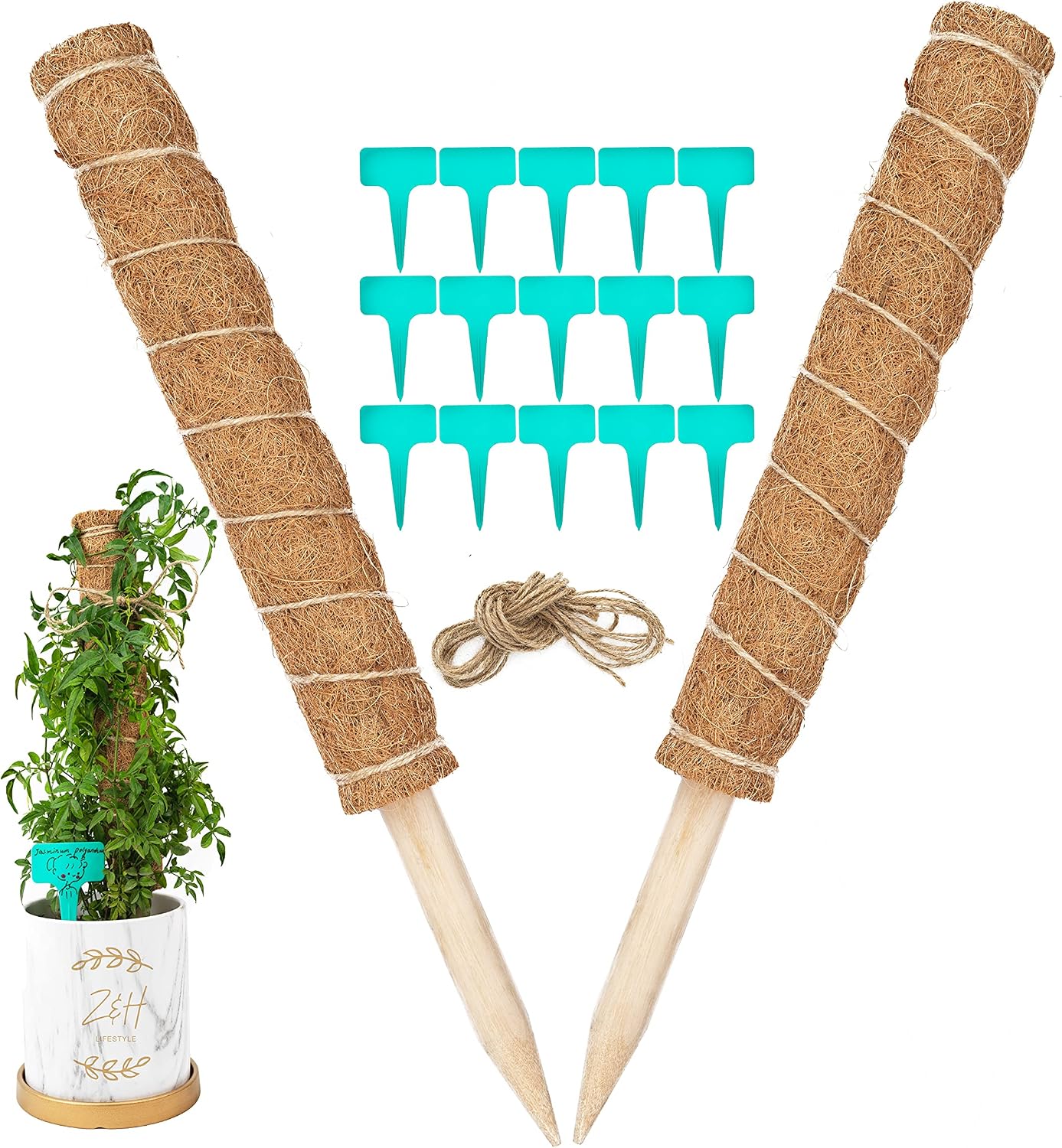 29 Inch Moss Poles for Climbing Plants - 2Pack 17inch Coir Totem Pole Plant Support with 15Pcs Plant Labels & 200cm Natural Fiber String- Train & Support Indoor Plants, Climbing Plants to Grow Upwards