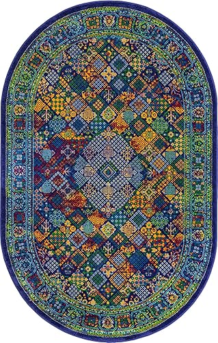 Miniatura 2 de Unique Loom Calypso Collection - Alfombra Trinidad (5 pies 3 pulgadas x 8 pies, ovalada, azul marinoverde)