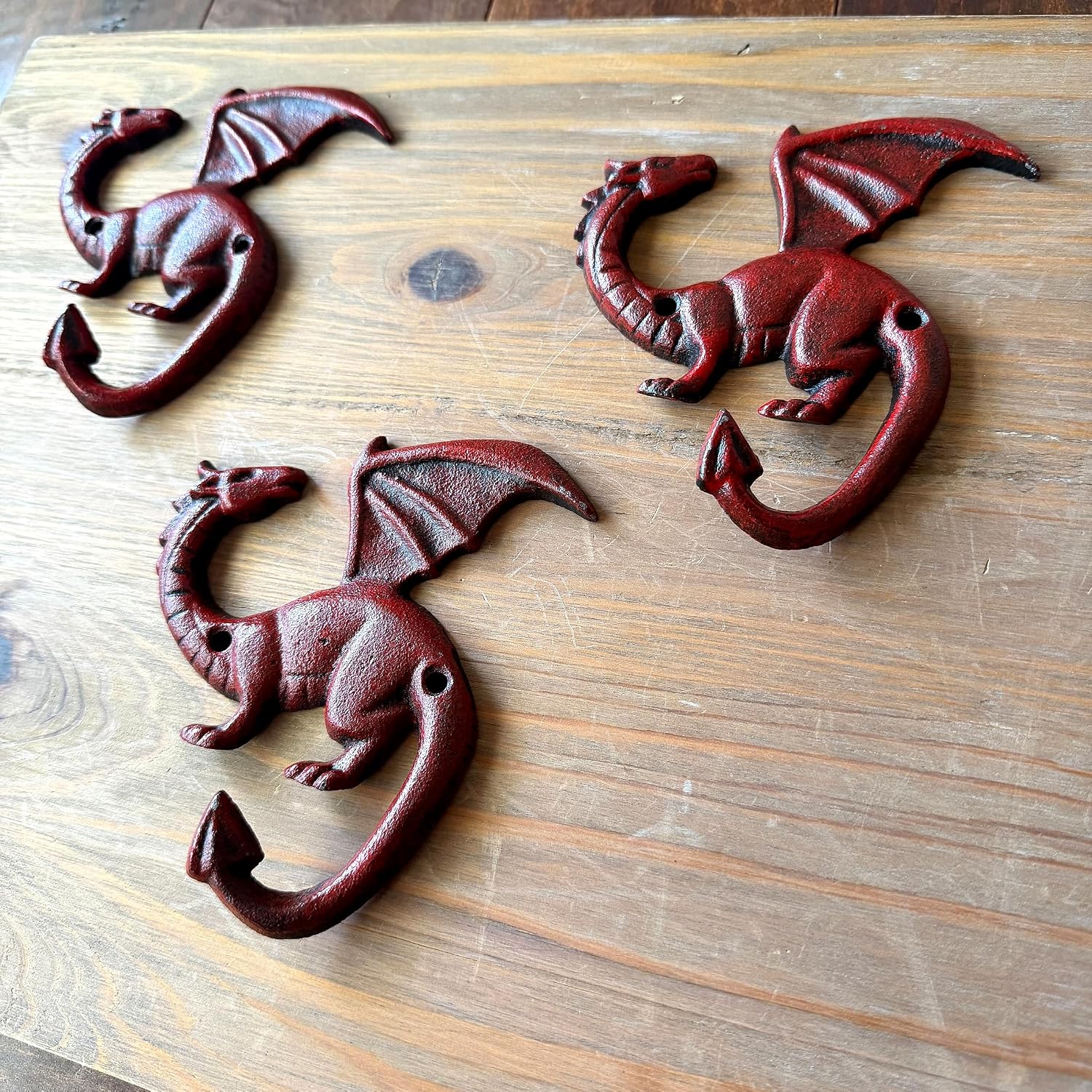 Things2Die4 Cast Iron Dragon Wall Hook Set of 3, Gothic Decorative Coat Hooks, Distressed Red Rust Finish, 5.25 x 5 Inch Wall Mounted Key Hat Bag Hooks for Entryway Bedroom or Game Room, Set of 3