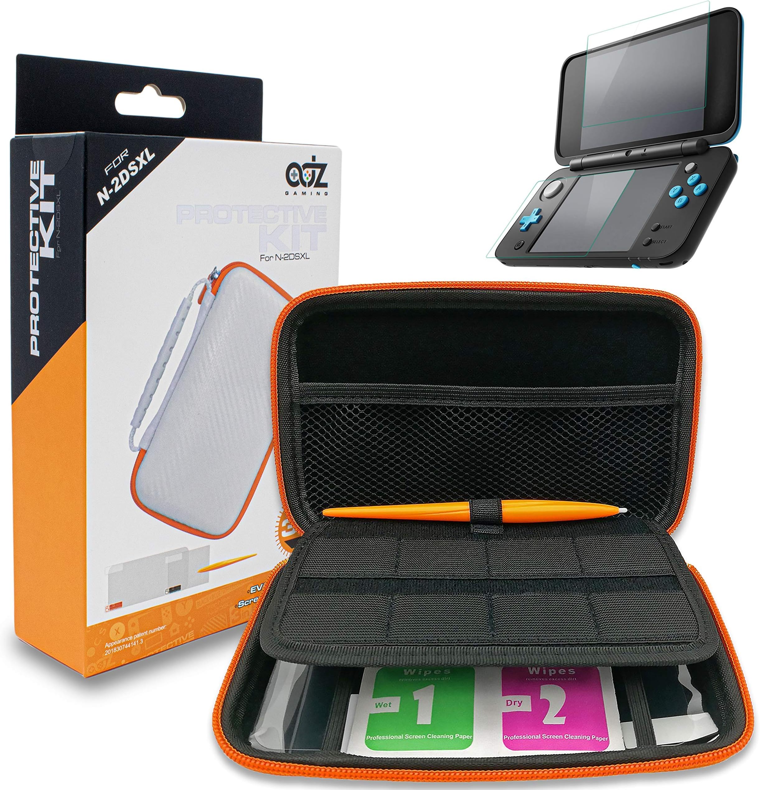 White / Orange Hard Protective Carry Case 3 in 1 Accessory Kit 2 Screen Protector Film, 1 Electromagnetic Touch Pen, Game Card Storage Accessories for New Nintendo 2DS XL Console