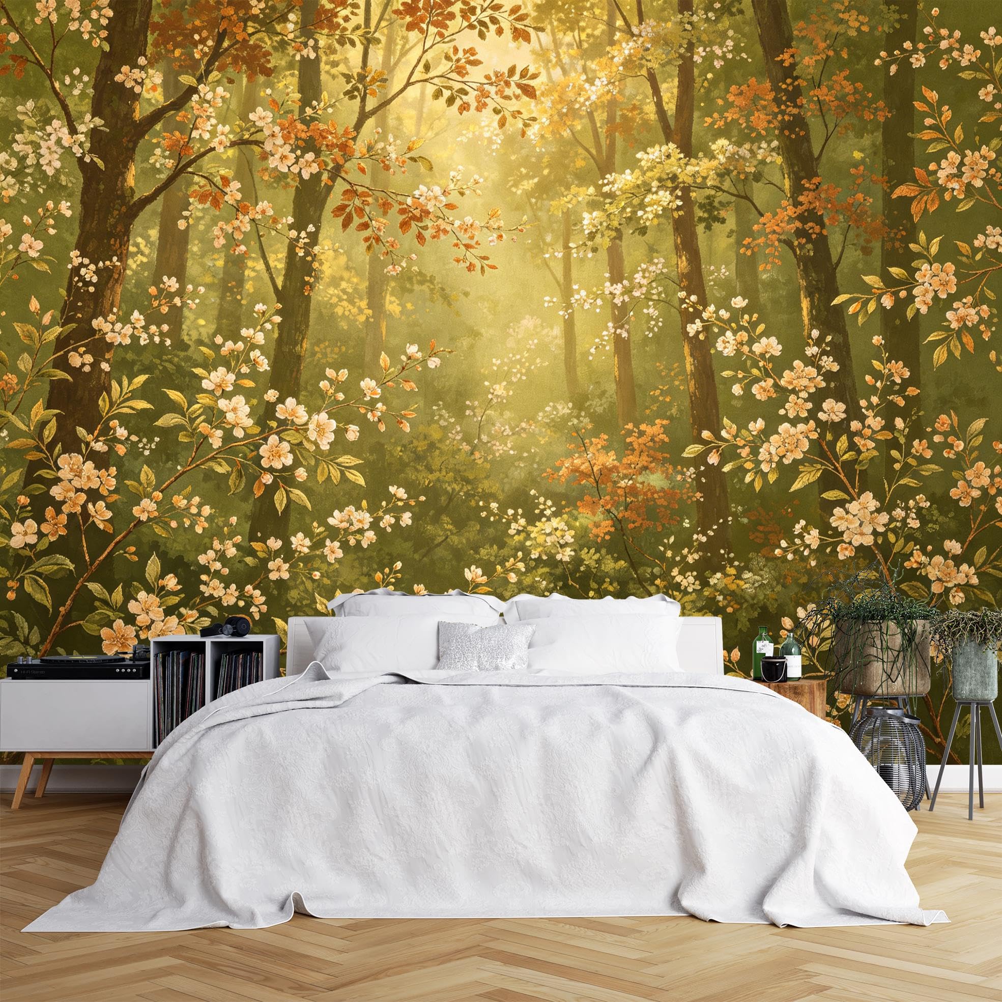 Landscape Wall Mural Wallpaper, Fall Floral Forest Self Adhesive Wallpaper 500X300Cm(Wxh) Vinyl Waterproof Removable Peel And Stick Wall Covering For Bedroom Living Room Home Decor Fall Floral Forest