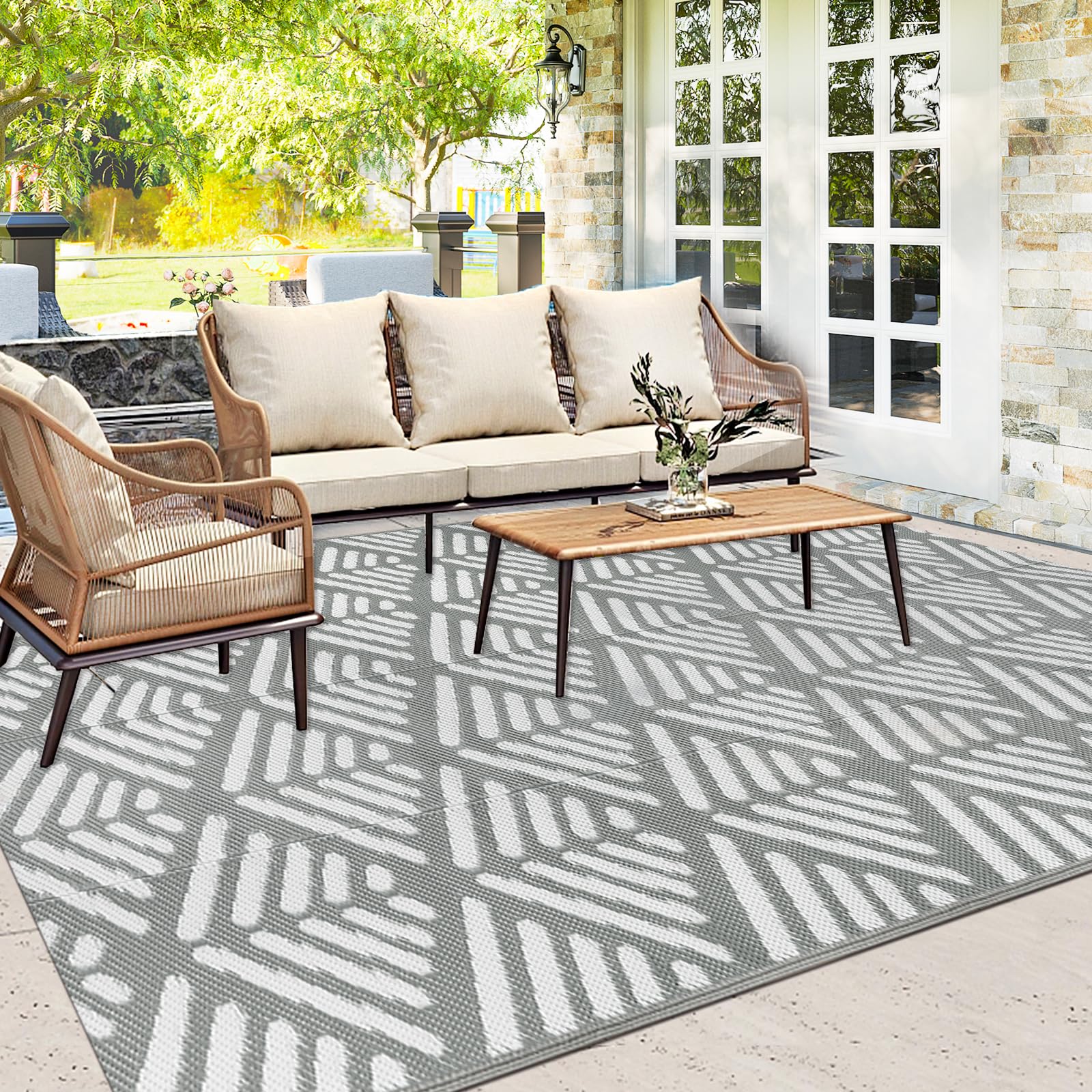 Capslpad Outdoor Rug Waterproof Plastic Straw Patio Rug Reversible Mat UV Resistant Outdoor Portable Area Rug for Backyard Beach Balcony Picnic BBQ Garden Deck Tent, Grey unknown size 