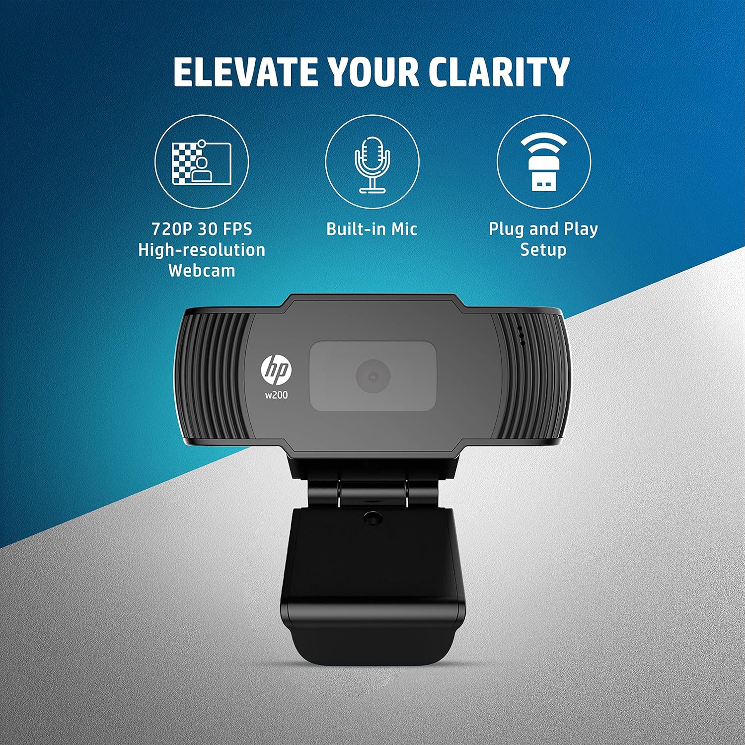 HP w200 webcam highlighting 720P 30 FPS High-resolution, Built-in Mic, and Plug and Play Setup
