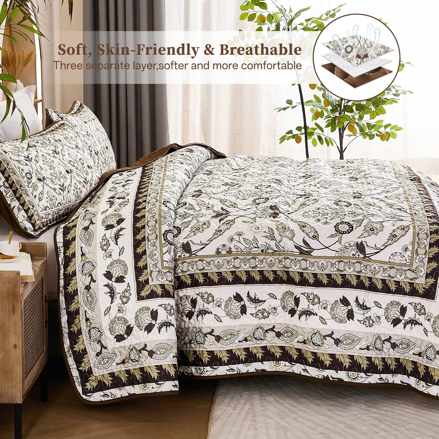 DJY King Size Quilt Sets, Brown Floral Quilt Set King 3 Pieces Boho Bedspread Coverlet Set with 2 Pillowcases Soft Lightweight Microfiber Bedding for All Season (104"x90") - Image 4