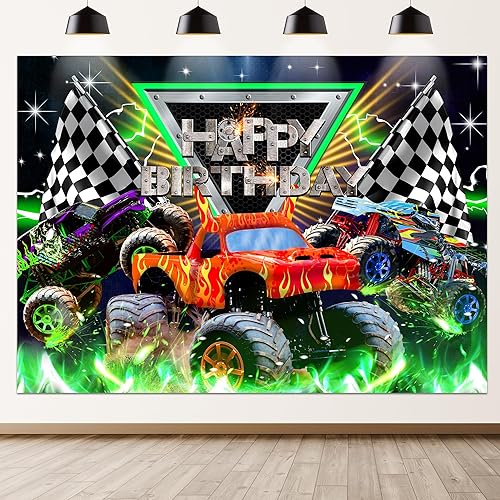 Miniatura 6 de Newsely Telón de fondo para fiesta de cumpleaños temática de camión 7 pulgadas de ancho x 5 pulgadas de alto monstruo para niños fondo de fotografía