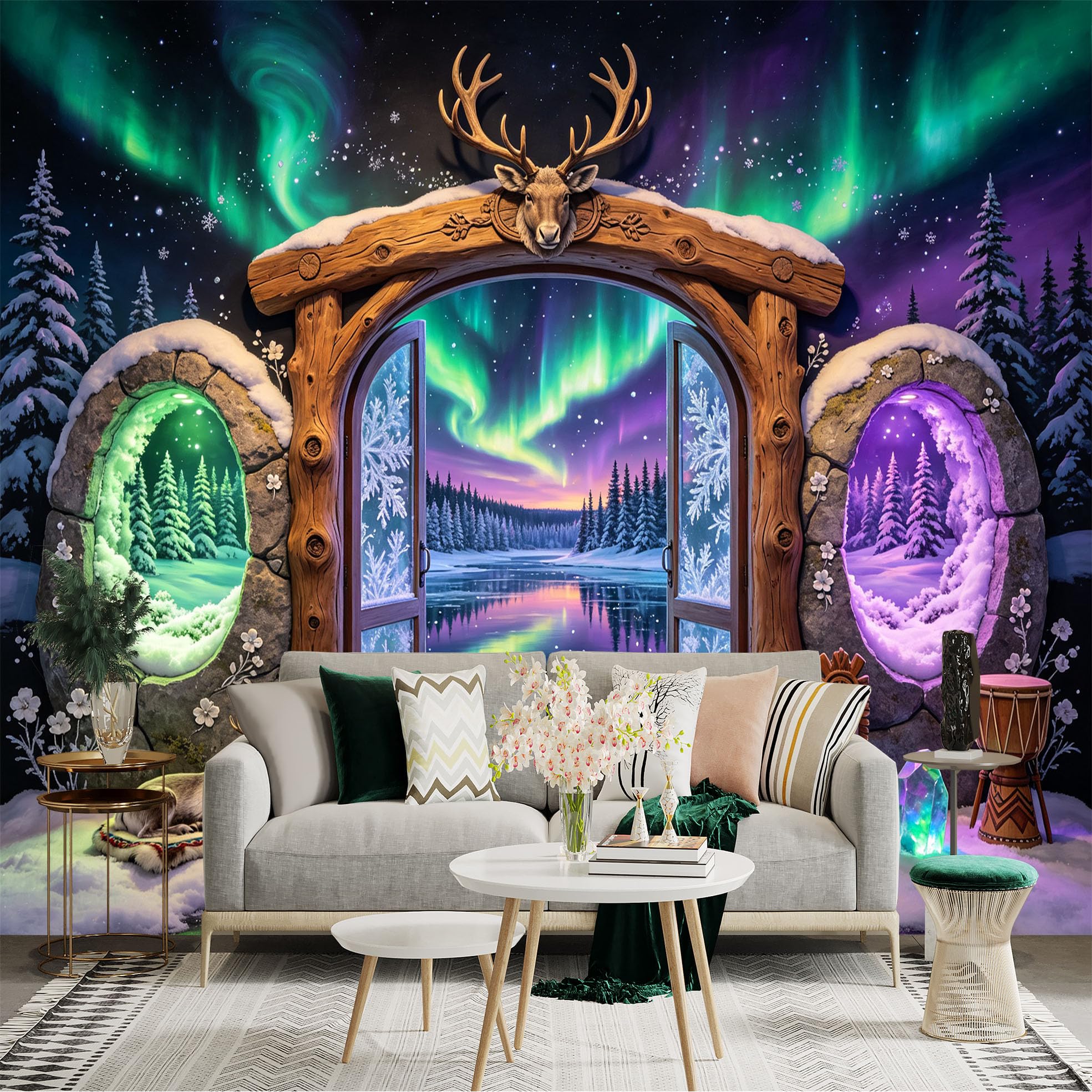 Custom Size Wall Sticker Mural， Aurora Borealis Winter Lake Forest Cabin Deer， for wall Decoration， peelandstick wall Decals.