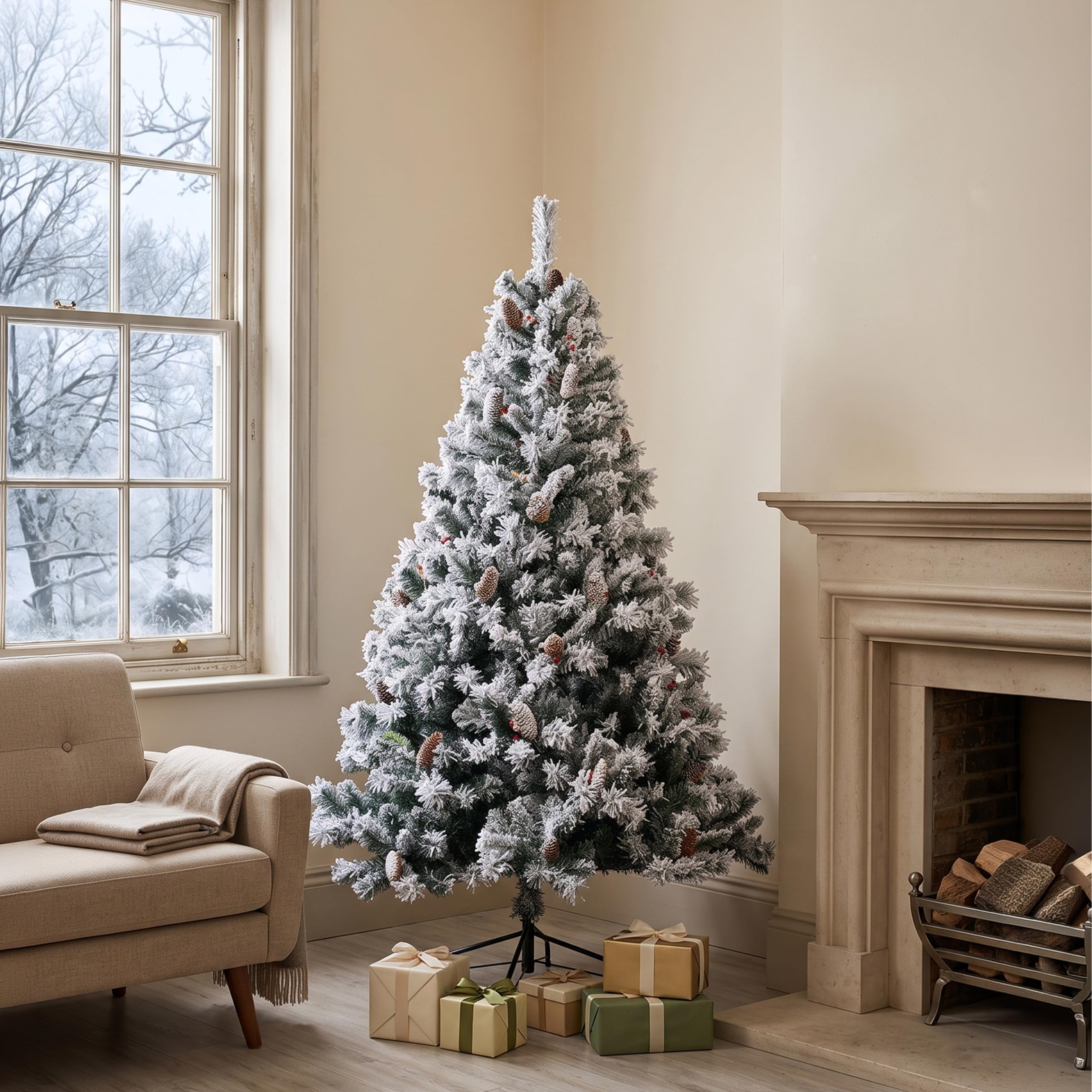 EVRE 5ft Snow Flocked Christmas Tree,150cm, Unlit | 3 sections Xmas Tree with PVC branches and Metal Stand with Non-Slip Rubber Feet, 151 x 85cm, Indoor