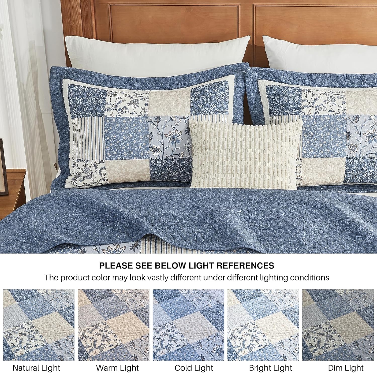 DDUOXIN Oversize King Bedspread - 120 W x120 L Extra Wide - 100% Cotton Patchwork Oversized Quilt with 2 Pillow Shams, Farmhouse Floral Lightweight Bedspreads Coverlet Sets, Blue-Patchwork