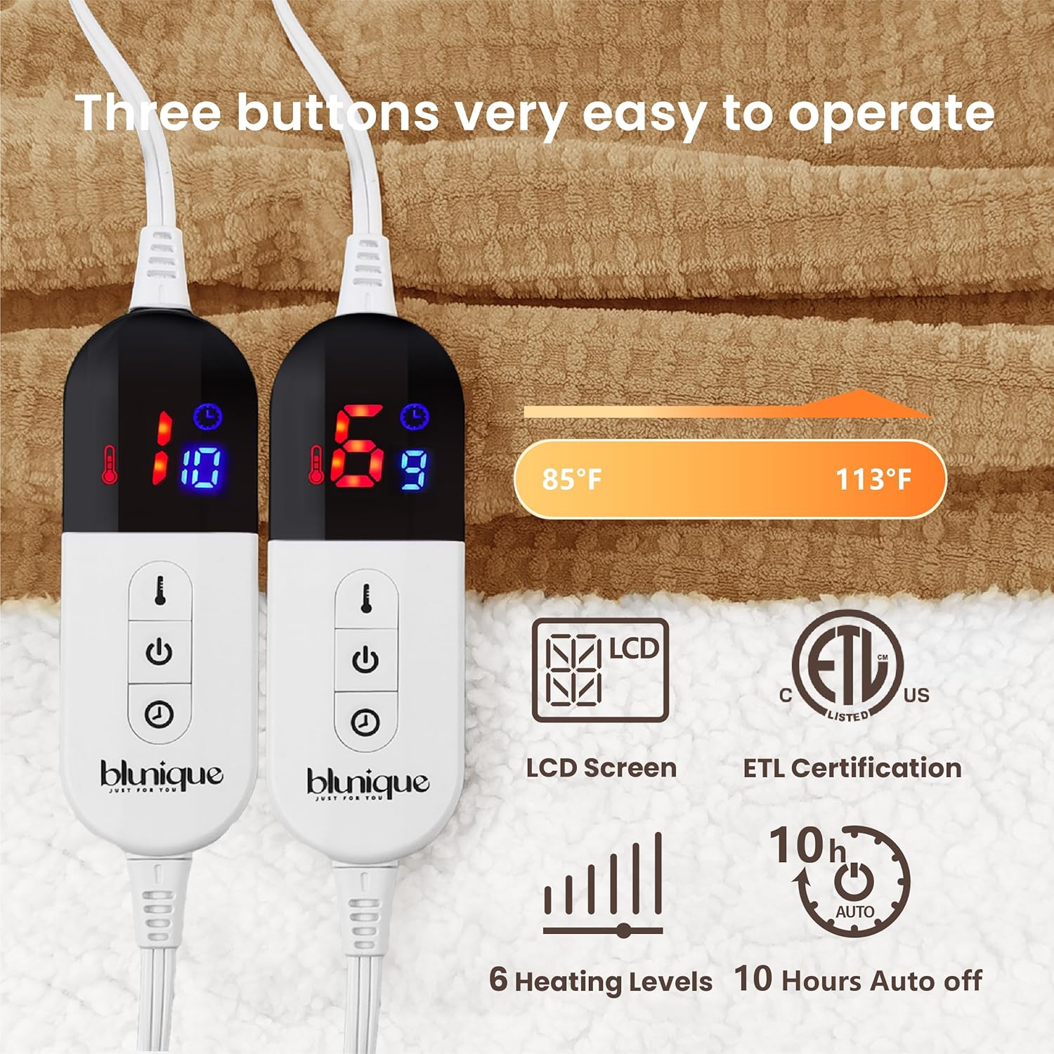 Heated Blanket Electric Blanket Queen Waffle, 84x90 Inches Dual Controllers Sherpa Fleece Fast Heating Blanket 6 Heating Levels & 10 Hours Auto Off ETL Certification, Caramel Queen - Image 5