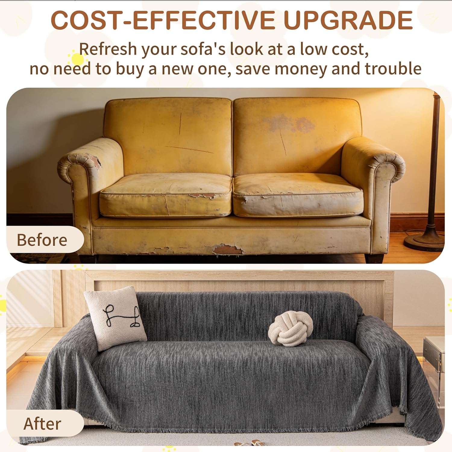 Couch Covers Sofa Cover for 3 Cushion Washable, Loveseat Slipcovers for Dogs, Pet L Shape Sectional Sofa Protector, Boho Couch Cover Blanket, Vertical Slub Chenille, Grey, 91"x134"