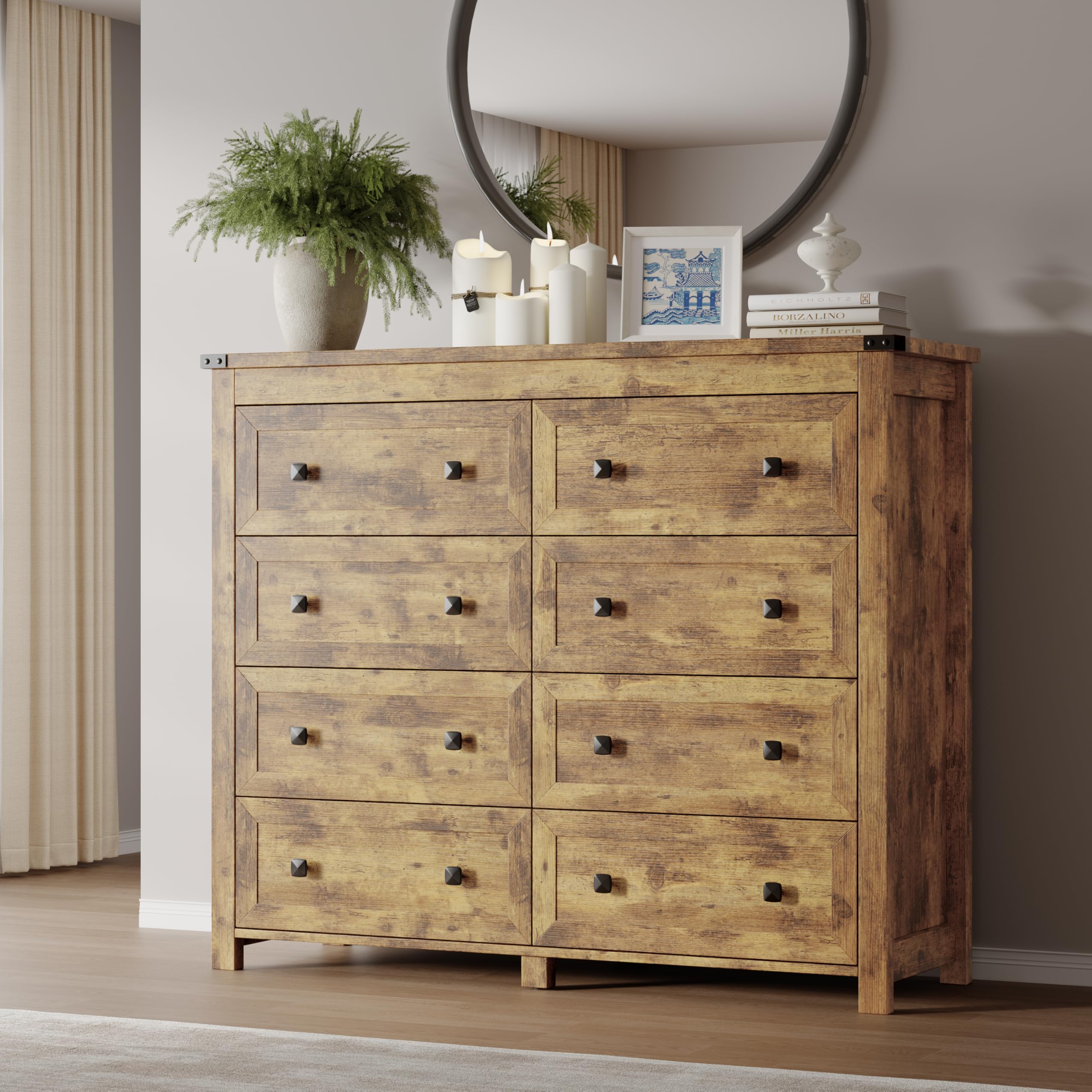 BORNOON Tall 8-Drawer Dresser, Modern Wooden Storage Chest of Drawers, Dresser TV Stand, Wood Drawer Organizer with Metal Handles for Bedroom, Living Room, Hallway