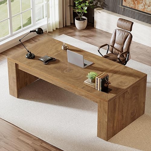 Miniatura 7 de Tribesigns Escritorio de madera para computadora de 70.9 pulgadas, escritorio grande de oficina ejecutiva de granja con patas de doble pedestal