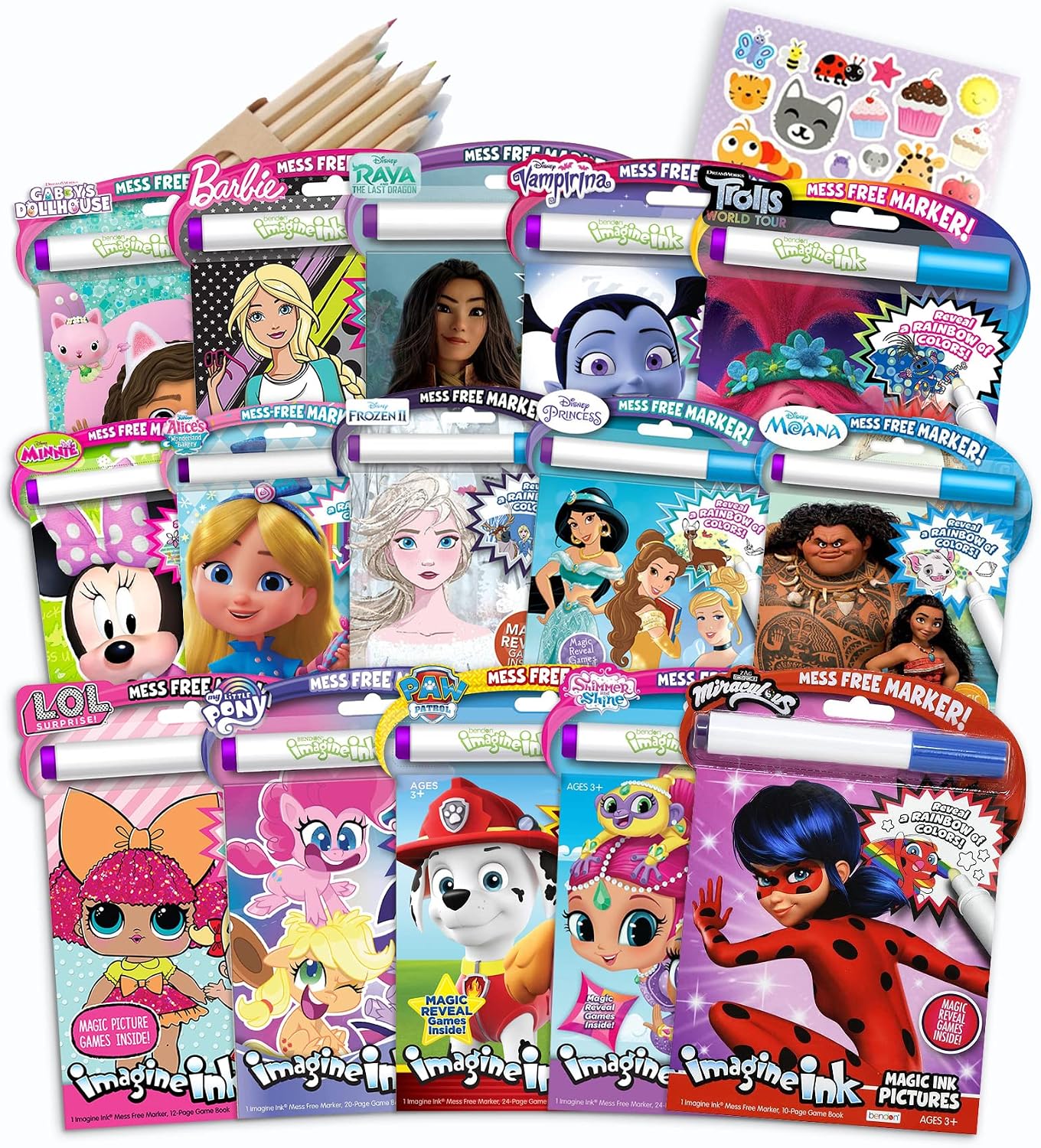 Set of 6 Imagine Ink Assorted Coloring Books for Girls Mess Free Invisible with Play Sticker Bonus & Wood Coloring Pencils Fun Favors Stickers Bulk