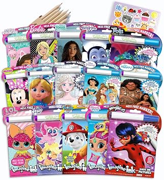 Set of 6 Assorted Imagine Ink Coloring Books for Girls Mess Free Invisible with Play Sticker Bonus & Wood Coloring Pencils Fun Favors Stickers Bulk