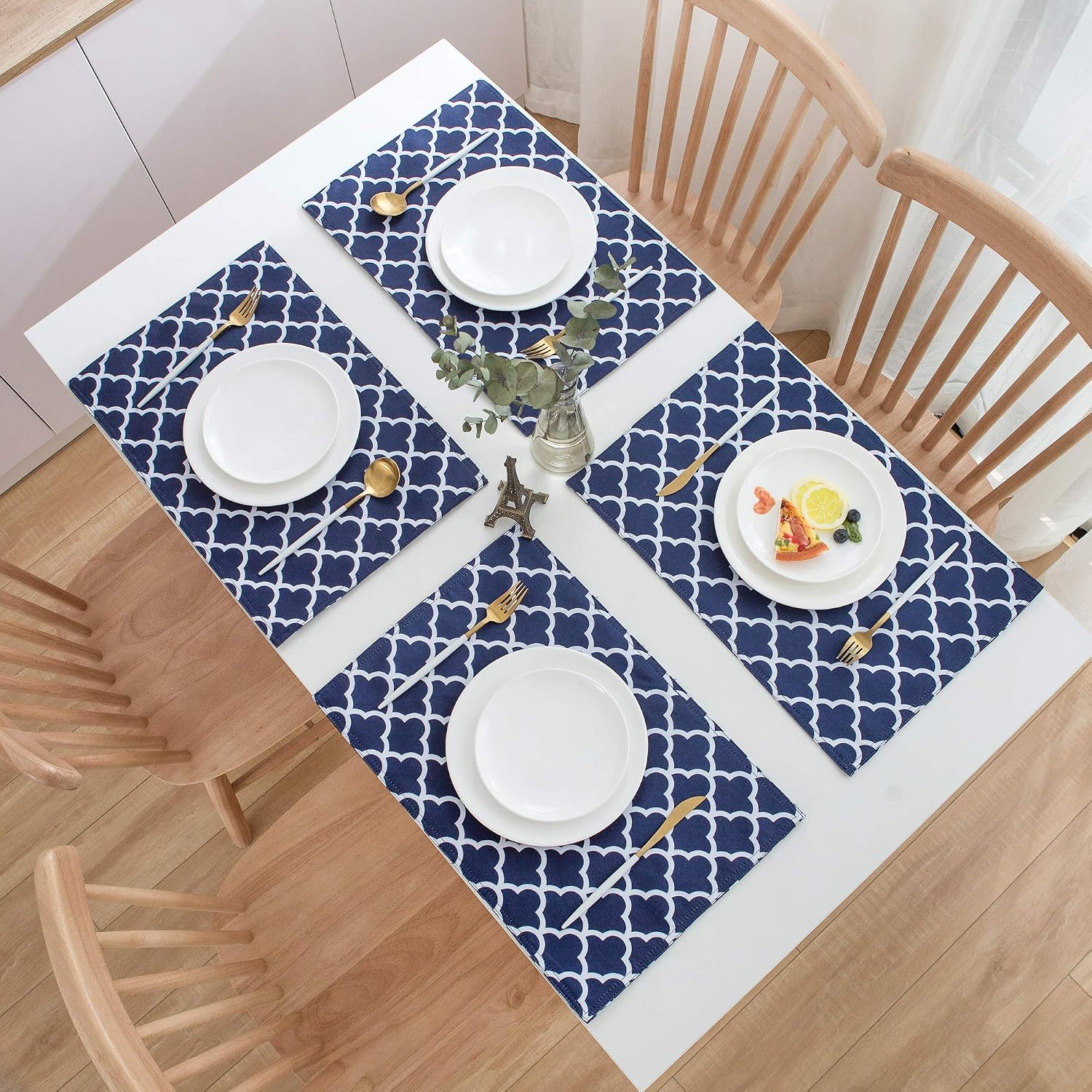 Homcomoda Place Mats for Kitchen Table Waterproof Spillproof Polyester Placemats Geometric Series Trellis for Dinner Table Set of 6 (Navy Blue)