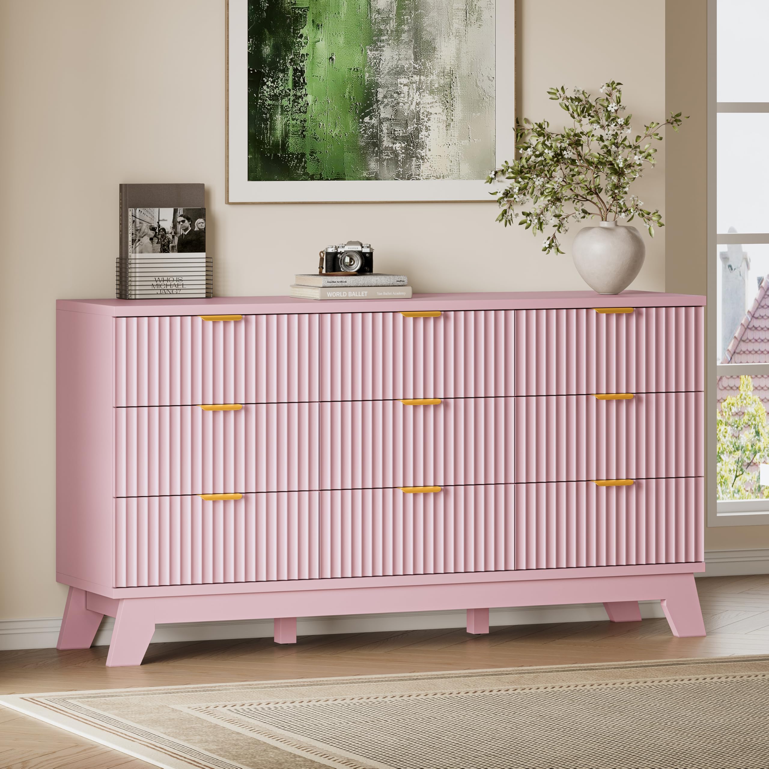 BORNOON Fluted 9 Drawer Dresser, 57.1" Wide Modern Boho Chest of Drawers, Wooden Storage Dresser TV Stand for Bedroom, Living Room, Closet, Hallway, Curved Profile Design