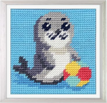 Trimits Half Stitch/Tapestry Kit Sea Lion with Printed Canvas 17 x 17cm, Acrylic Yarns, Plastic Needle, Colour-Coded Chart and Instructions - Cross Stitch Craft Activity