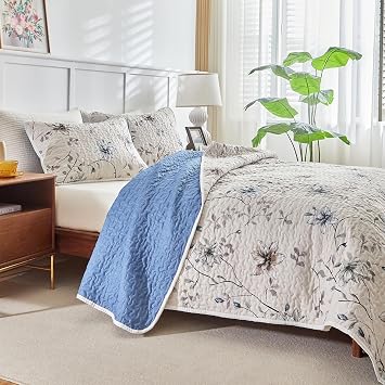 Floral Quilt Set Queen 3 Pieces King Size Reversible Botanical Spring Flower Quilt Bedding Set,Microfiber Lightweight Bedspread, Coverlet Set for All Seasons