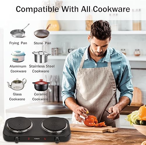 Miniatura 5 de Countertop Double Cast Iron Burner 1800 Watts Electric Hot Plate with Adjustable Temperature 6.1" Cooktop for Dorm, Office, Home, Camp, Compatible