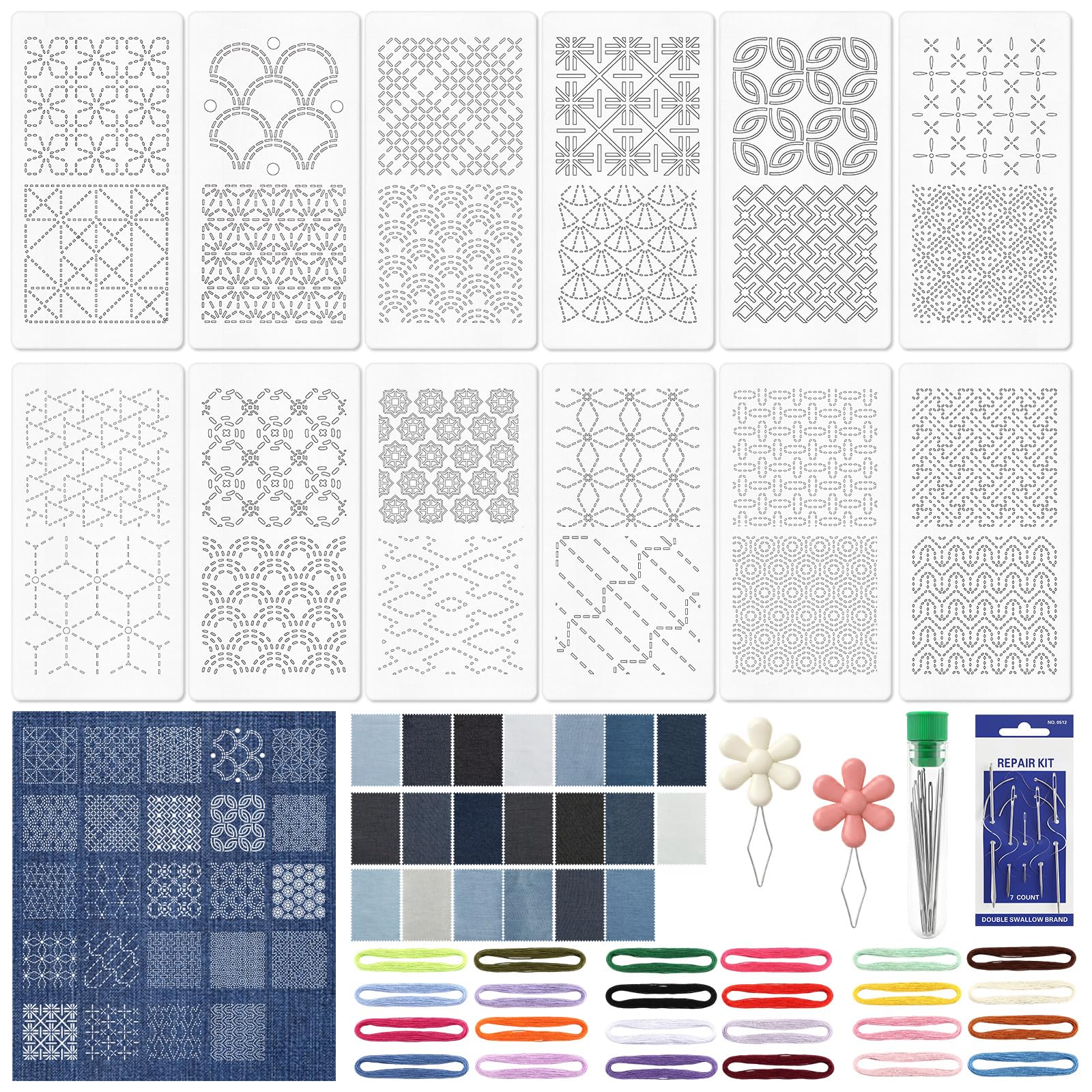 Unittype 96 Pcs Sashiko Embroidery Kit for Beginners, Visible Mending Kit, 24 Vibrant Color Sashiko Thread Denim Fabric and Needles, Thimble, Stencils, Water-Soluble Pattern Sheets for Hand Quilting