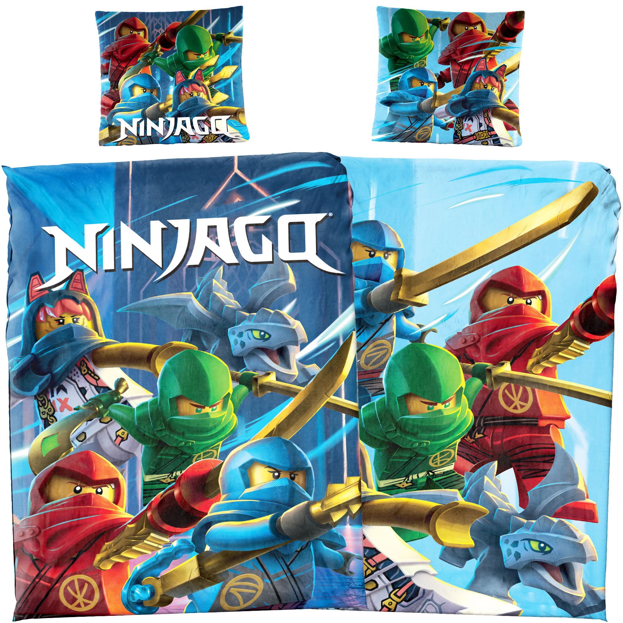 BERONAGE Lego Ninjago Kinder-Bettwäsche Ninja Save Heaven 135x200 cm + 80x80 cm 100% Baumwolle Linon/Renforcé Zwei Vollmotive - deutsche Größe Reißverschluss passend z. Decke Kissen Badetuch Poncho