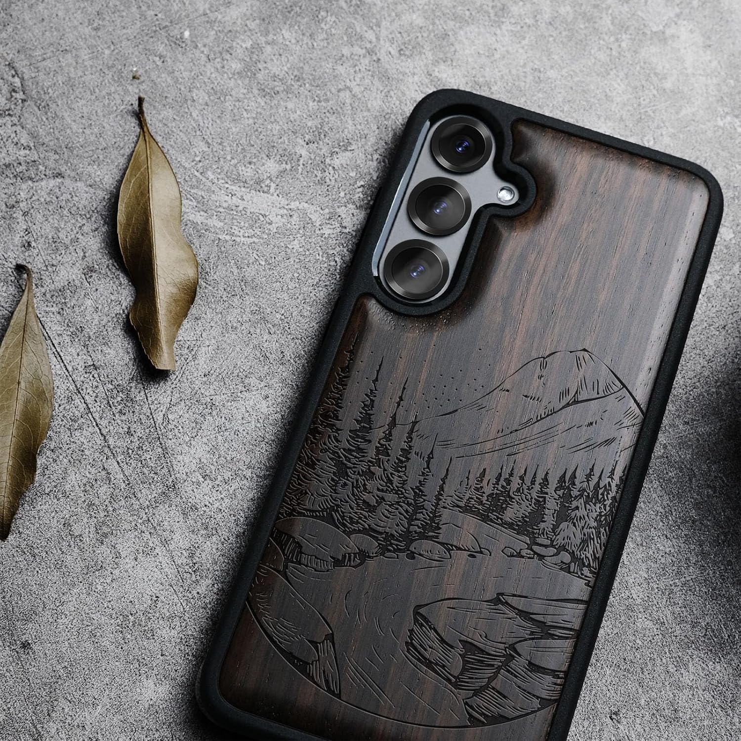 Carveit Magnetic Wooden Case for Samsung Galaxy S25 Case 2025, TPU Shockproof Cover & Wood Artisan Engraved, Compatible with MagSafe Wireless Chargers (Lake and Mountain) Blackwood
