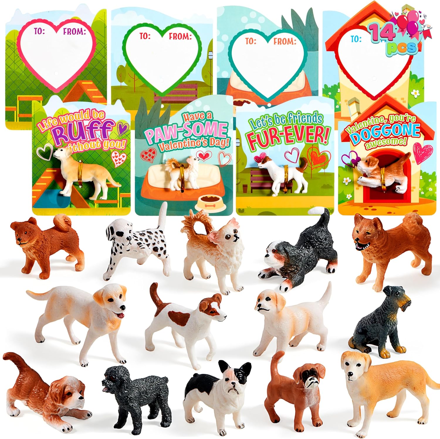 JOYIN 16 Pack Valentines Day Greeting Card with Dog and Cat Figure Toys for Valentine Kids Party Favor, School Classroom Gift Exchange Prizes for Boys Girls